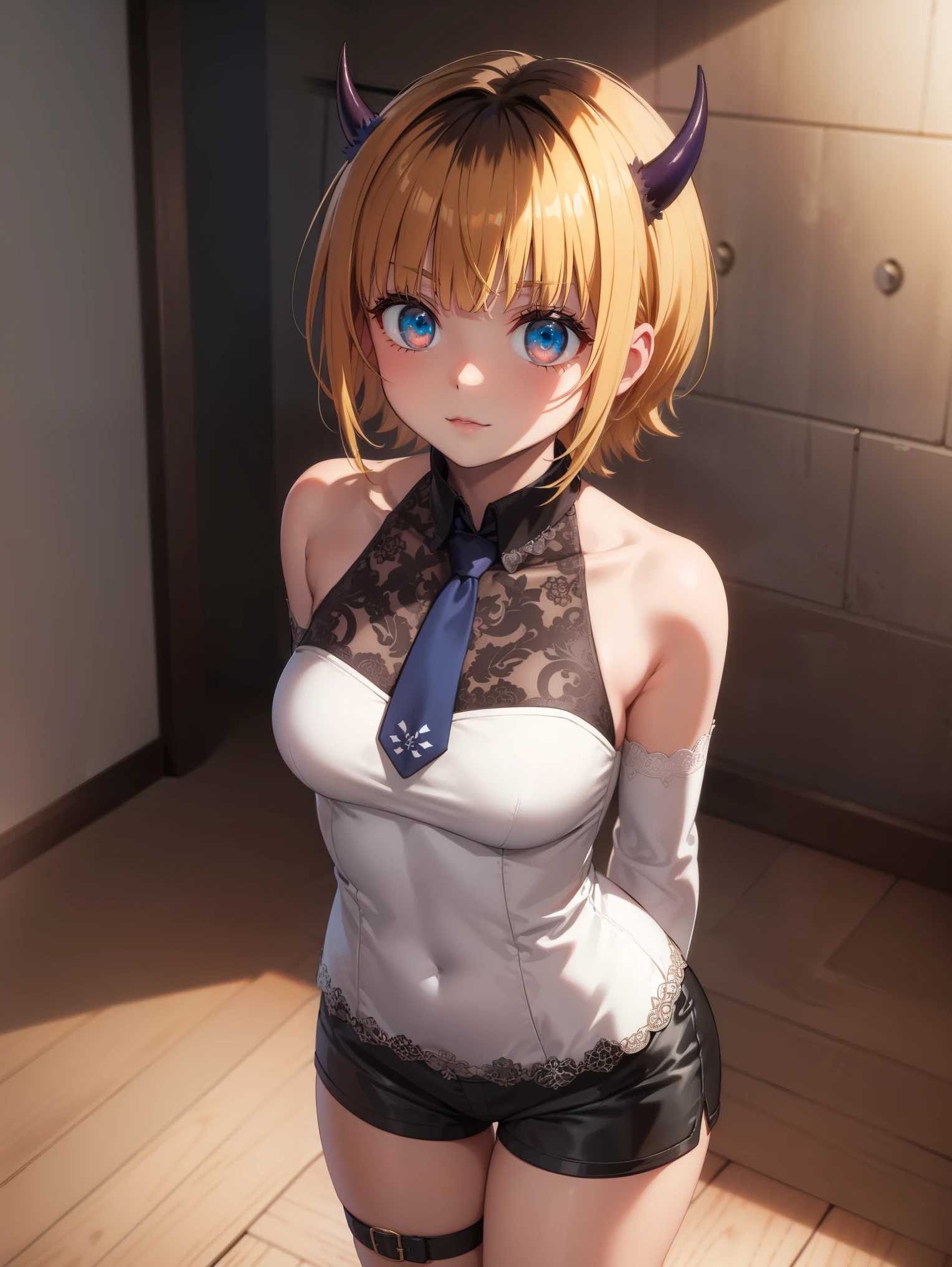 memcho, memcho, blonde hair, blue eyes, blunt bangs, demon horns, fake horns, horns, short hair,
BREAK halterneck, see-through, blue necktie, black shorts, bare shoulders, white dress, detached sleeves, thigh strap,
BREAK looking at viewer,standing, leaning forward, (arms behind back:1.2),
BREAK indoors,
BREAK (masterpiece:1.2), best quality, high resolution, unity 8k wallpaper, (illustration:0.8), (beautiful detailed eyes:1.6), extremely detailed face, perfect lighting, extremely detailed CG, (perfect hands, perfect anatomy),