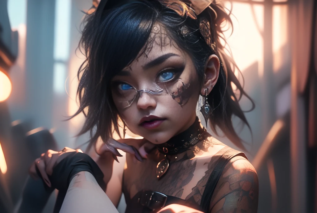 ,(rear view, backside view),((( ite))) 1 girl, ((18 years:1.2)), adult, full lips, ((by rubio:1)), (cabello ondulado long: 1.2),( punk rock gothic :1.4 )、(Face details: 1.5, bright blue eyes, beautiful face, pretty eyes, iris coating, full lips: 1.5, tattoos, pale and sharp eyebrows, long, dark eyelashes, double tabs),(gothic fashion:1.4)、(industrial goth:1.3)、(cupless leather corset:1.4 )、(Dressing a detailed steampunk maid in black  and white.:1.5)、(spike choker:1.1)、( knee high socks:1.3)、(radiation mark decoration:1.unrock fashion gloves:1.4)、(luxury hair ornament:1.4)、(bullet brand belt)、demonia brand boots)、(no underwear.:1.4)(bright colors), ,( cyberpunk 2.1),( group of girls), (bright colors), (city at night :1.4), More detailed 8K.unreal engine:1.4,UHD,La Best Quality:1.4, photorealistic:1.4, skin texture:1.4, masterpiece:1.8,first work, Best Quality,object object], (detailed face features:1.3),(The correct proportions),(Beautiful glowing blue eyes:1.4 ),  (dynamic cowboy pose),(black lingerie lace style :1.4), (realistic V2.1) 