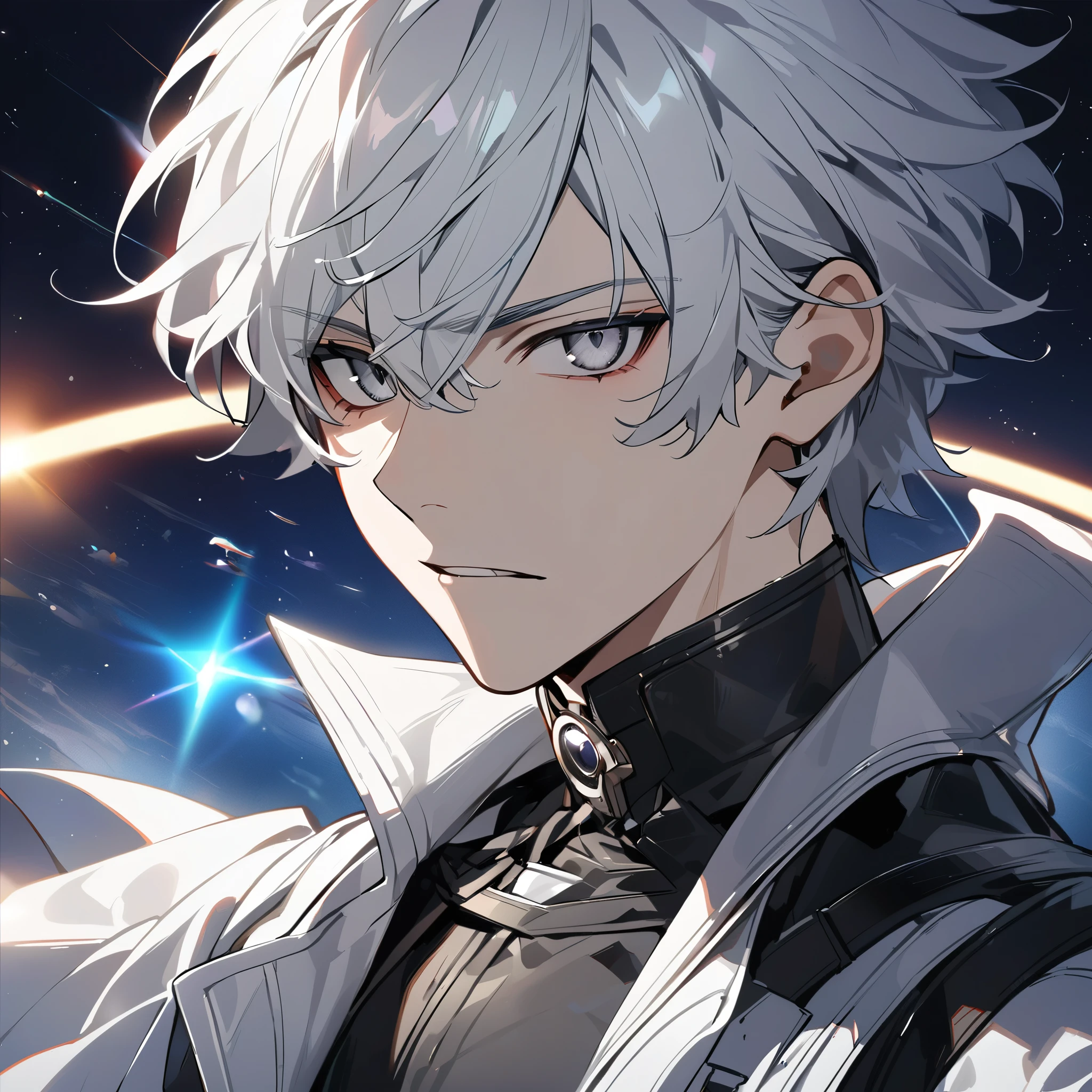 High quality, HD, 4k, no shadows, handsome male, 1male, , teenager, shwhite hair, silver hair, white hair, sharp eyes, darl grey colored eyes, deep grey eyes, grey eyes, devil may cry, close up, calm expression, stoic expression, black leather clothes, white leather clothing, lean body, well trained body, upper body, looking at viewer, cowboy shot, white solar, space background