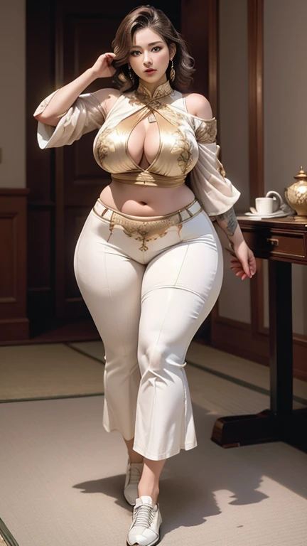 ((best quality)), ((masterpiece)), (detailed), perfect face, Arape woman wearing dark Indonesian clothes walking in a dark room, Tsk tsk, She has a jiggly, fat, round belly, Fat Chan, Wearing Indonesian attire as a suit, thin waist and thick hips, 가장 wide hips, her belly is a bit fat and round, soft curved shape, surreal full figure, wearing formal Indonesian clothes , wide hips, cropped shoulder,bare stomach,(big ass:0.45),,, Tsk tsk, beautiful thick women, Beautiful attractive woman,, Tall and,Clear curved details, Attractive hourglass shape, attractive plus size model, Fat Chan, voluptuous body, Attractive models, attractive body, your face turns red, 1 girl, mature woman, milf, golden ratio,(kpop idol),(oil skin:0.72), (oil skin:1.1), Iremuji tattoo on thigh, big tattoo on thigh, japanese goddess , korean goddess , milky white skin, wearing the longest clothes, Wear sneakers , Waves short hair , brown hair, Wearing pants , polite clothes