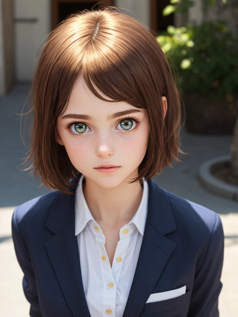 One Girl，(1人のとてもcute女の子:1.3)，masterpiece，Highest quality，High resolution，From below，Low - Angle，Photorealistic，RAW Photos，Ray Tracing，Physically Based Rendering，beautiful girl，(15 years old:1.3)，cute，Round face，Baby Face，Big eyes，(detailed pupils:1.2)，(The face is facing straight ahead:1.3)，Body facing forward，Beautiful nose，Upturned nose，Fuller lips，Short black hair，ponytail，short hair，Detailed eyelashes，Thin eyebrows，Very fine grain definition，(Symmetrical eyes，Golden Ratio:1.3)，(Face Focus:1.0)，Small breasts，Short neck，Navy Blue Blazer，Red checked pleated skirt，School uniforms，coastal，Blue sky，White cloud，School uniforms，Portrait，View Viewer，Upper Body，Cinema Lighting，High resolution，Very detailed