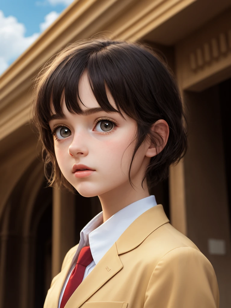 One Girl，(1人のとてもcute女の子:1.3)，masterpiece，Highest quality，High resolution，From below，Low - Angle，Photorealistic，RAW Photos，Ray Tracing，Physically Based Rendering，beautiful girl，(:1.3)，cute，Round face，Baby Face，Bietailed pupils:1.2)，(The face is facing straight ahead:1.3)，Body facing forward，Beautiful nose，Upturned nose，Fuller lips，Short black hair，ponytail，short hair，Detailed eyelashes，Thin eyebrows，Very fine grain definition，(Symmetrical eyes，Golden Ratio:1.3)，(Face Focus:1.0)，Small breasts，Short neck，Navy Blue Blazer，Red checked pleated skirt，School uniforms，coastal，Blue sky，White cloud，School uniforms，Portrait，View Viewer，Upper Body，Cinema Lighting，High resolution，Very detailed