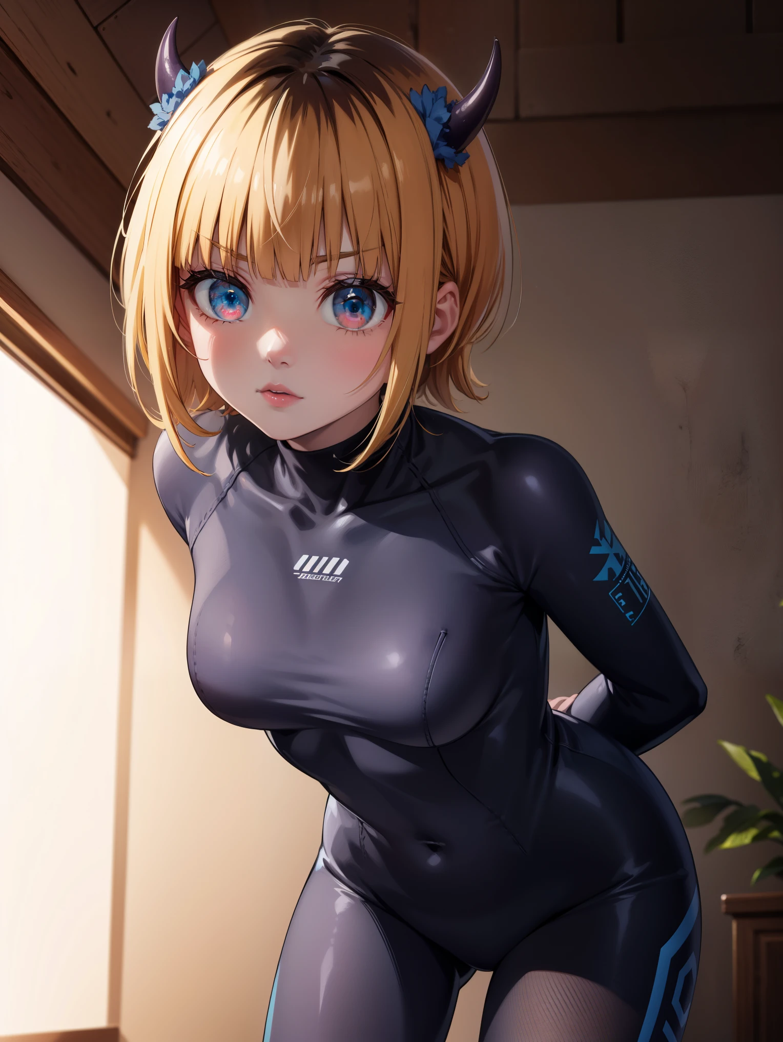 memcho, memcho, blonde hair, blue eyes, blunt bangs, demon horns, fake horns, horns, short hair,
BREAK (pilot suit:1.2)
BREAK looking at viewer,standing, leaning forward, (arms behind back:1.2),
BREAK indoors,
BREAK (masterpiece:1.2), best quality, high resolution, unity 8k wallpaper, (illustration:0.8), (beautiful detailed eyes:1.6), extremely detailed face, perfect lighting, extremely detailed CG, (perfect hands, perfect anatomy),