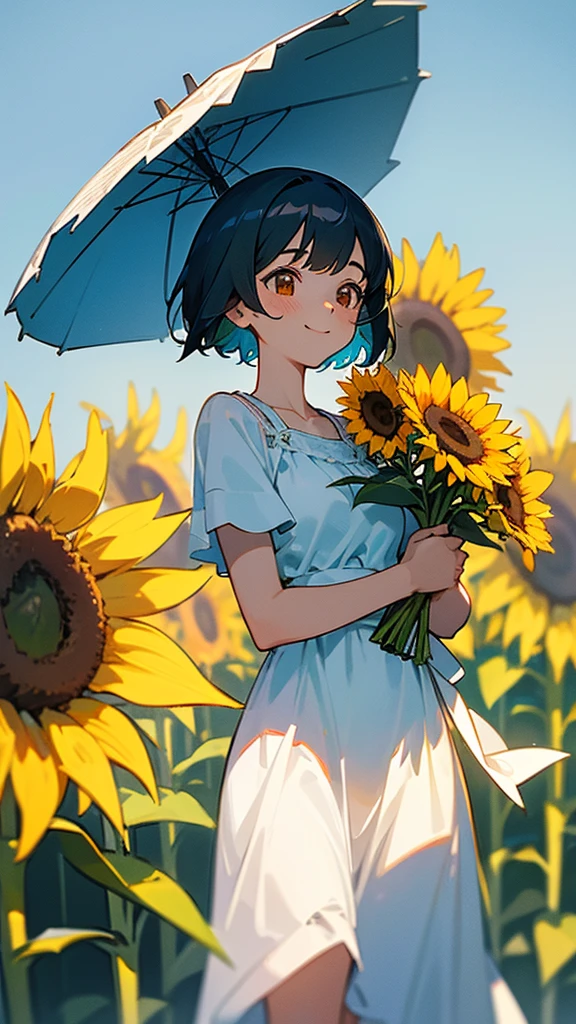 master piece, best quality, for below, cinematic angle, upper body , pigeon toed,
Anime-style Moe illustration, summer vacation theme, 20-year-old 4womans holding a bouquet of sunflowers, short hair,
Gingham Picnic Maxi Dress, slightly inner thighs, smile, accurate drawing, Active pose,