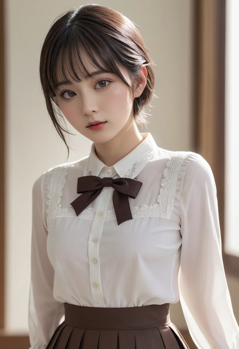 (masterpiece), (最high quality), (Very detailedな), (Best Shadow), (photoRealistic:1.4), Frilled blouse, skirt, white ankle socks, (((((A long shot of a woman walking slowly))))), high quality, masterpiece, Very detailedな, High resolution, 4K, 超High resolution, Detailed Shadows, Ultra-realistic, Dramatic lighting, One Girl, alone, Detailed face, Realistic eyes, Realistic Skin, Dynamic Hair, Dynamic pose, Dynamic Angle, White floral dress, White Background, Urzan-6500-v1.1, (RAW Photos:1.2), ( Realistic:1.4), Beautiful detailed girl, Very detailed eyes and face, Beautiful attention to detail, Ridiculous, incredibly Ridiculous, Large file size, Very detailedな, High resolution, Very detailed, 最high quality, (Bright interior), (Soft Light), (Low contrast), (Shallow depth of field), (portrait of a beautiful woman illuminated by gentle light), (Very delicate and elegant depiction), (Short bangs), (Hair color is dark chestnut with a slight brown tinge), (Hair with subtle and gentle waves), (Small, intricate braids on the side of long hair), (Decorated with thin ribbons), ( White blouse with small frills), (bow tie), (青いロングskirt), (White short ankle socks), shape, Very detailed, CG, Unified, 8k wallpaper, wonderful, Finer details, 最high quality, Very detailed CG Unified 8k wallpaper, Face Light, Cinema Lighting, One Girl, ,