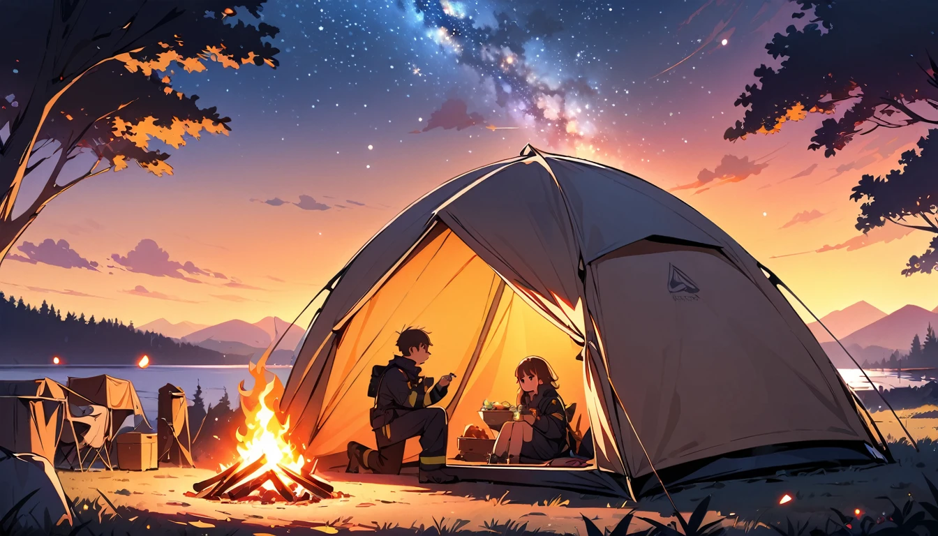 (high quality, 8k, 4K, High Contrast, masterpiece:1.2, 最high quality, Best aesthetics), campfire, night lakeside, Tents and camping equipment, Firefighter, A person stuffing their cheeks with food, Man standing next to a tent, smile, Look up at the starry sky, Fun time, Wide々And, Soft bonfire light, Best memories,