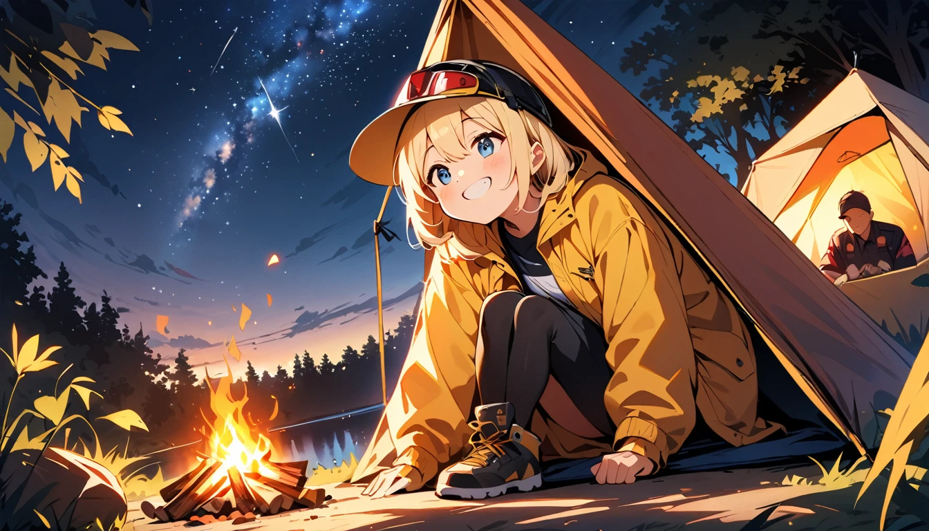 (high quality, 8k, 4K, High Contrast, masterpiece:1.2, 最high quality, Best aesthetics), campfire, night lakeside, Tents and camping equipment, Firefighter, A person stuffing their cheeks with food, Man standing next to a tent, smile, Look up at the starry sky, Fun time, Wide々And, Soft bonfire light, Best memories,
