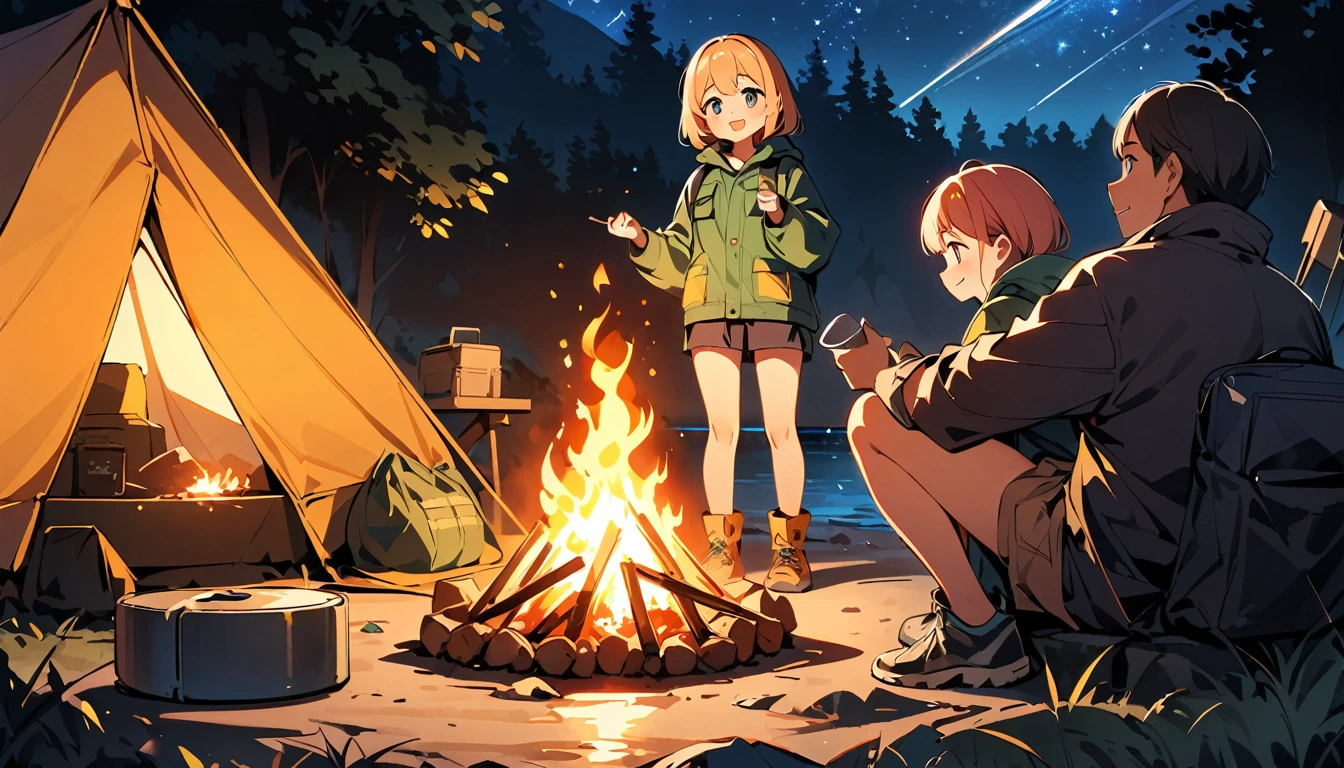 (high quality, 8k, 4K, High Contrast, masterpiece:1.2, 最high quality, Best aesthetics), campfire, night lakeside, Tents and camping equipment, Firefighter, A person stuffing their cheeks with food, Man standing next to a tent, smile, Look up at the starry sky, Fun time, Wide々And, Soft bonfire light, Best memories,