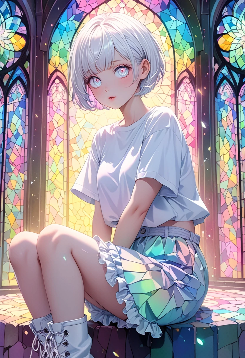 cute girl, (white pixie cut, very short hair), (big round eyes, star-shaped pupils), amorous and lewd face, light makeup, wearing cute baggy loose shirt, frilly shorts, heavy engineer boots, sitting and posing, background pastel color palette, large pastel stained glass,shading effects, gradation magic effects, foggy filter effects, glitter effects, cute effects, (ultra detailed, absolutely resolution, best quality:1.3), 2.5D, delicate and dynamic, artistic photography, hyper realistic, graphic CG digital art