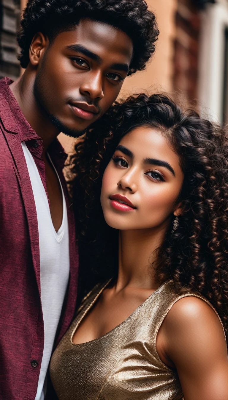 cover book "el precio del deseo" a handsome young african american man, and a latina woman with dark chocolate skin, beautiful curly haired detailed facial features, romantic couple portrait, cinematic lighting, dramatic atmosphere, vibrant colors, masterpiece, photorealistic, 8k, pic,