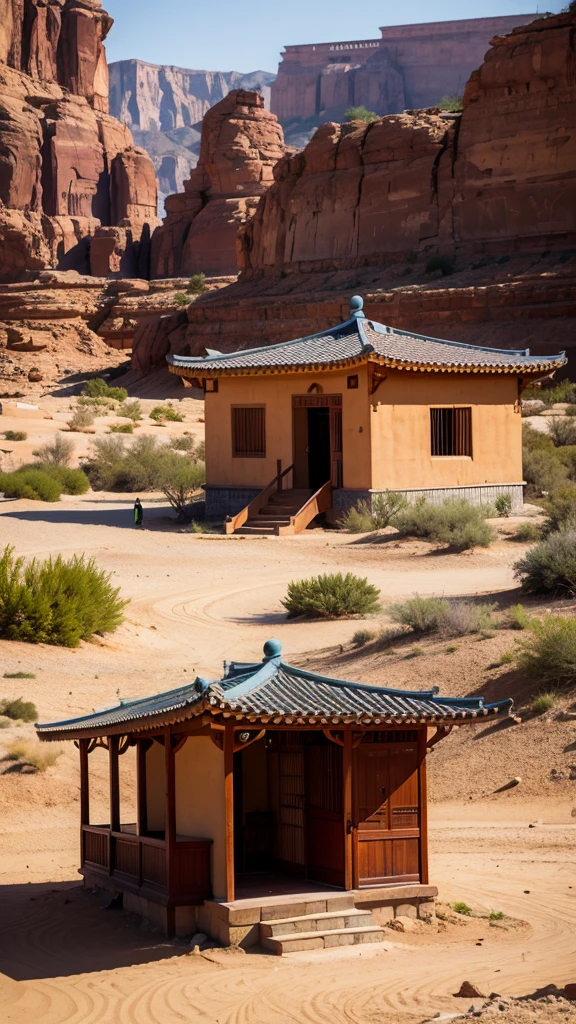 A small Chinese building in the desert、Make the background one color