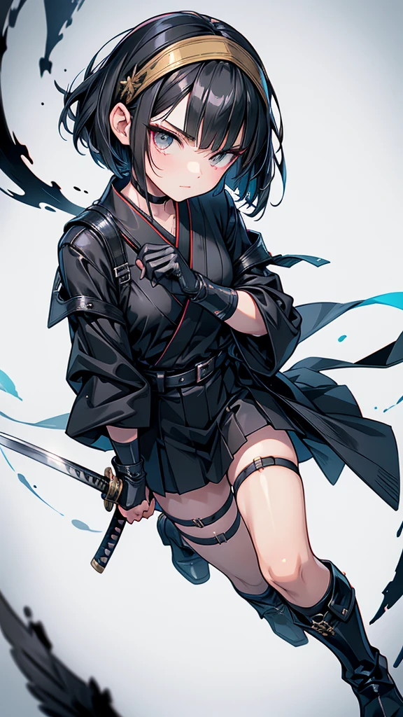 mature　Bobcut　Black Hair　expensive　Narrow eyes　Glaring at me　Glare　frivolous attitude　Black Sailor Suit　Armor　Wear a headband around your forehead　tiny hand　Hand guard　gloves　Black boots　Holding a Japanese sword　battlefield