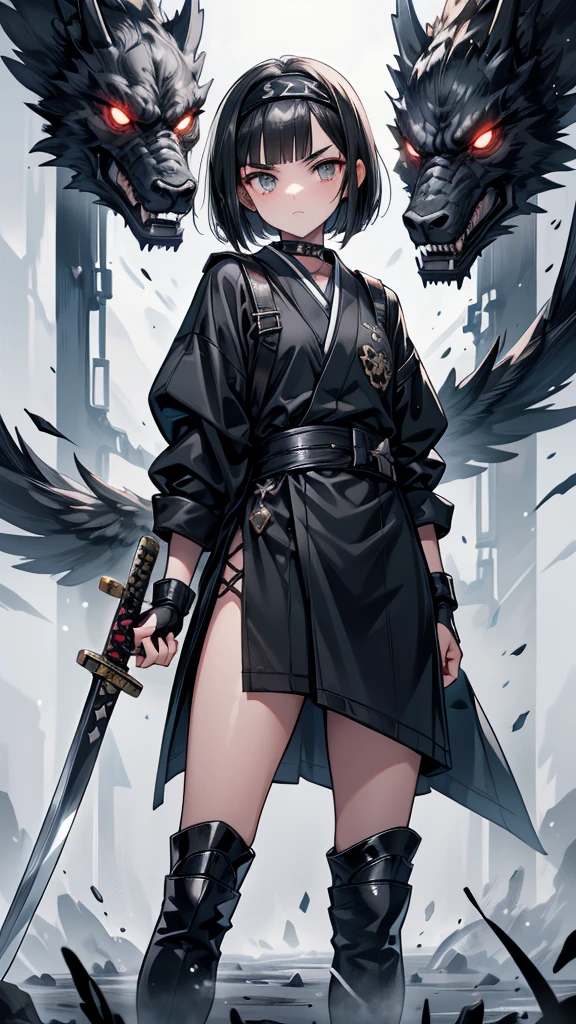 mature　Bobcut　Black Hair　expensive　Narrow eyes　Glaring at me　Glare　frivolous attitude　Black Sailor Suit　Armor　Wear a headband around your forehead　tiny hand　Hand guard　gloves　Black boots　Holding a Japanese sword　battlefield