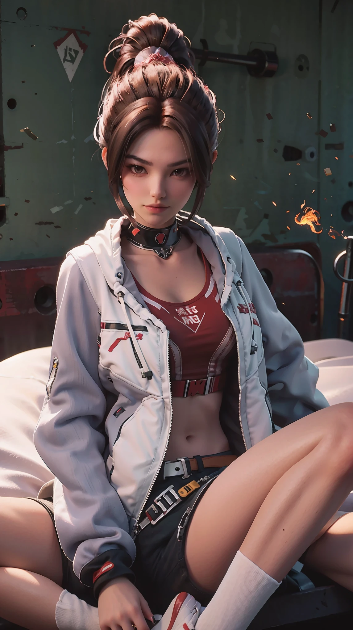a beautiful young woman with brown eyes and brown hair, sitting cross-legged on a bed, one leg slightly raised, wearing black shorts, a red tank top, an open white jacket, white thigh-high socks, and sneakers, against a fiery background, in an athletic pose