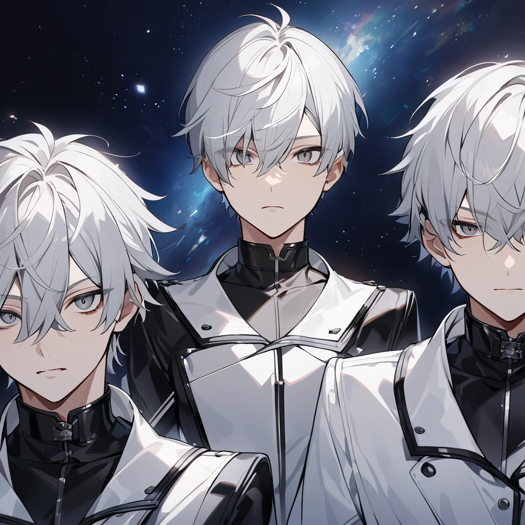 High quality, HD, 4k, no shadows, handsome male, 1male, , teenager, shwhite hair, silver hair, white hair, sharp eyes, dark grey colored eyes, deep grey eyes, grey eyes, devil may cry, close up, calm expression, stoic expression, black leather clothes, white leather clothing, lean body, well trained body, upper body, looking at viewer, cowboy shot, white solar, space background