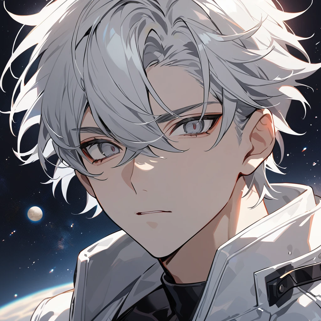 High quality, HD, 4k, no shadows, handsome male, 1male, 17 years old, teenager, short white hair, silver hair, white hair, sharp eyes, dark grey colored eyes, deep grey eyes, grey eyes, devil may cry, close up, calm expression, stoic expression, black leather clothes, white leather clothing, lean body, well trained body, upper body, looking at viewer, cowboy shot, white solar, space background