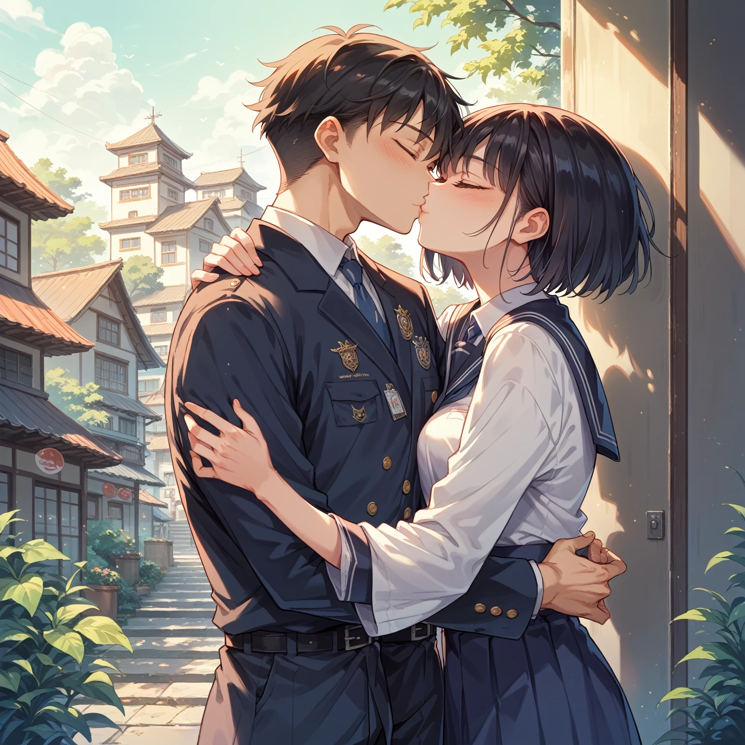 Fraction_9, Fraction_8_Direction_7_up, src_Japanese cartoons, 1 boy, 1 Girl, Black short hair beautiful female, Black hair strong male, Sister and brother, Embrace, kiss, Uniforms, campus, Romantic, debauchery