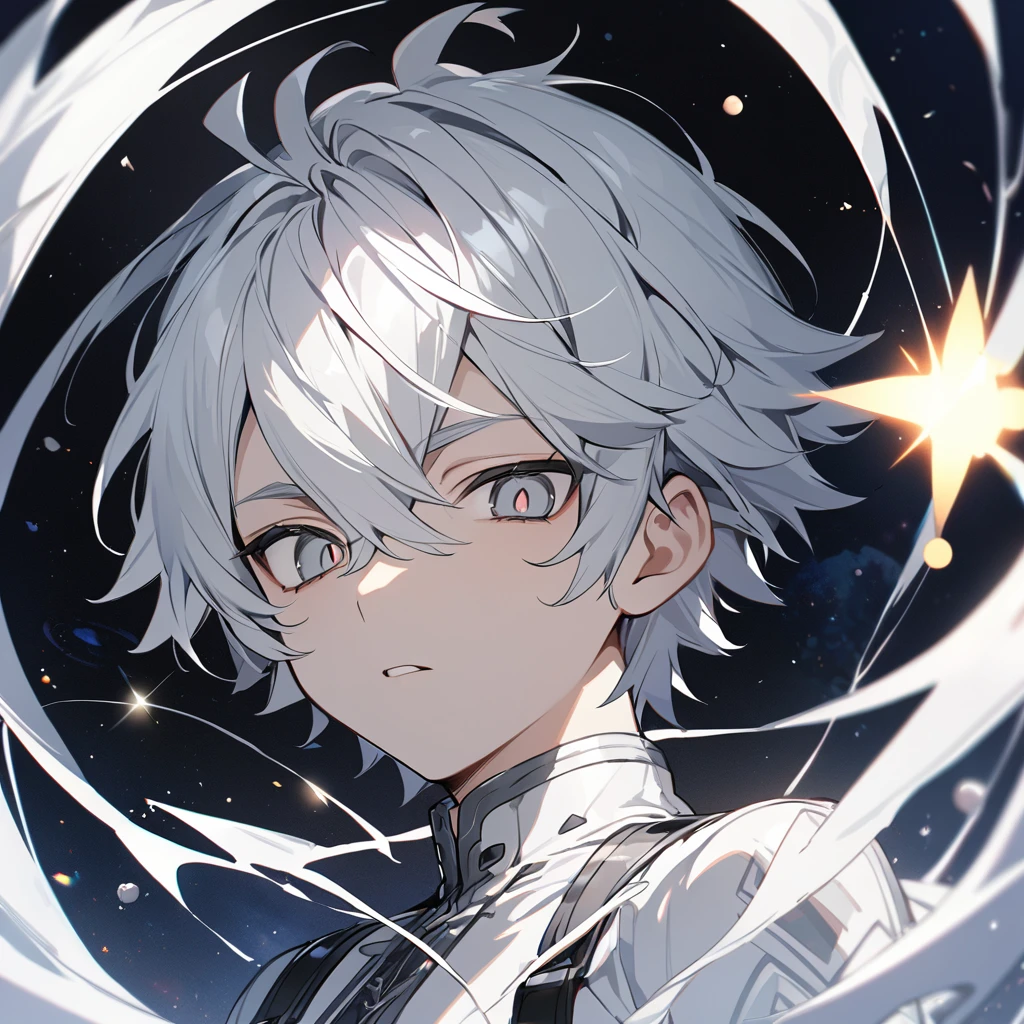 High quality, HD, 4k, no shadows, handsome male, 1male, 17 years old, teenager, short white hair, silver hair, white hair, sharp eyes, dark grey colored eyes, deep grey eyes, grey eyes, devil may cry, close up, calm expression, stoic expression, black leather clothes, white leather clothing, lean body, well trained body, upper body, looking at viewer, cowboy shot, white solar, space background