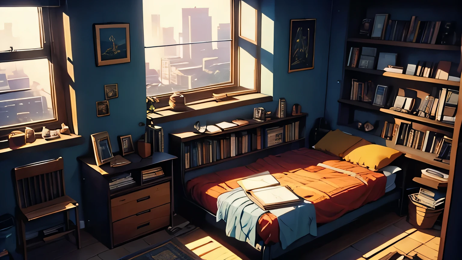 photo of a quiet room that is comfortable, cozy room, deserted, A desk, a bed, a bookshelf, and a chair in a comfortable room, Books on the desk, traces of study on the desk, The sun is setting outside the window, 80’s anime, PC 9800, art by Kohei Horikoshi, rough-edged 2d animation,Highly detailed.