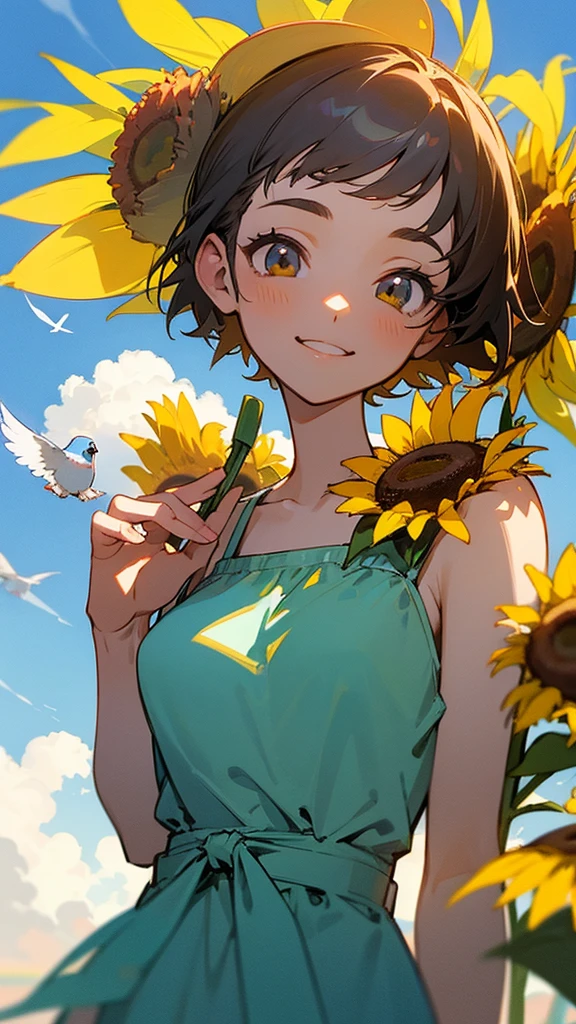  master piece, best quality, for below, cinematic angle, upper body , pigeon toed,  
Anime-style Moe illustration, summer vacation theme, 20-year-old 4womans holding a bouquet of sunflowers, short hair, 
Picnic Maxi Dress, slightly inner thighs, smile, accurate drawing, Active pose,