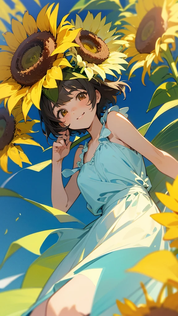  master piece, best quality, for below, cinematic angle, upper body , pigeon toed,  
Anime-style Moe illustration, summer vacation theme, 20-year-old 4womans holding a bouquet of sunflowers, short hair, 
Picnic Maxi Dress, slightly inner thighs, smile, accurate drawing, Active pose,