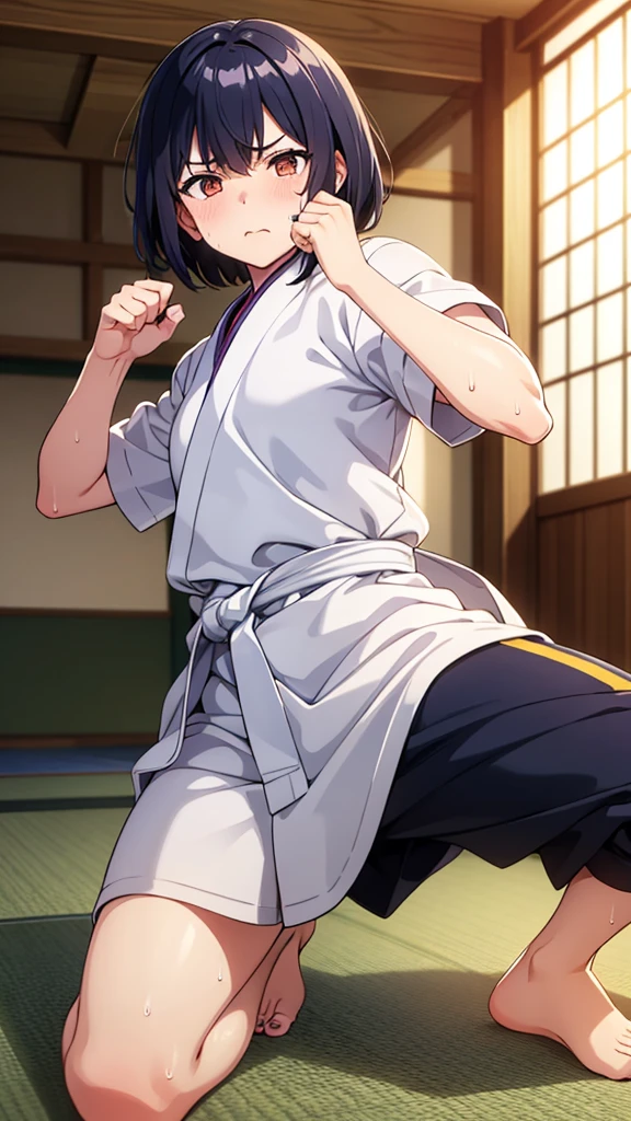 ((masterpiece, Highest quality, Very detailed, Very nice 8K CG wallpaper)), , A little thick, Medium Hair, A little dark blue hair, short hair, dark orange eyes,judo player、長袖judo着、Large bust、ロングjudoパンツ、judo、Serious expression、Inside the judo Gymnasium、、On the tatami、discovery、One Girl、Combat Stance、A tough fight、Shiraishi Apricot、Bust Size D Cup、Clenched hands(punch:1.3)、Spread your legs、Sweating、I smell a violent fight with a boy...、男の子と女の子の匂いjudo着に匂い混ざってついている、Her hand smelled like it had been held by a boy....、The smell of a boy touching me、My wrists are shining with sweat、My hands are shining with sweat、My feet are shining with sweat、My fingers are shining with sweat、My nails are shining with sweat、His face is shining with sweat、My hair is shining with sweat、Sniffed by the boy、Inconspicuous bruises and swelling from being punched, He was kicked and thrown by the boy..、The skin is a little dirty、I smell a bit like a boy because of my sweat....、When he grabbed me、I shook him off...、Drooping sweat、My skin became shiny with sweat.、Smells like a girl、Cool sweat、A little hot、Shining with sweat、My ears are shining with sweat、Nails turn white、There was a boy&#39;Saliva is attached、男の子の唾液の匂いjudo着についた激しい戦いしたとき、男の子にpunchされた後汗吹きでた、I was 発汗 after being kicked by a boy、I was 発汗 after being thrown by a boy