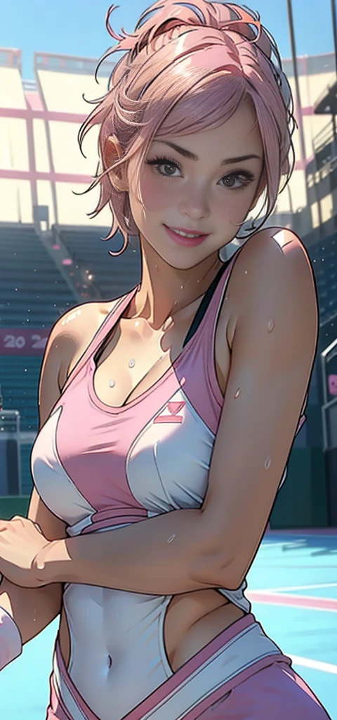 no bra, Udu, protruding nipples, Pink hair, 1 woman, masterpiece, best quality, best quality, delicate and dynamic, very delicate expression, delicate eye description, erotic, only sexy woman, ((cute and friendly face)), healthy appearance, ((25 year old woman)), 160cm tall, (Short hair), (pink hair:1.5), black eye, blush, sweat,best quality, masterpiece, tennis olympic stadium, sweat, Smiling, tennis olympic uniforms,