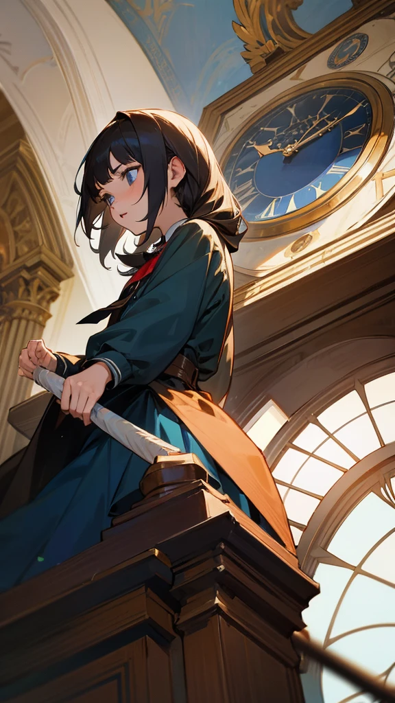 A teenager，There is a clock behind