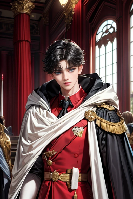 masterpiece, 最high quality, high quality, 1 boy, alone, Male focus, Watching the audience, Messy black hair, Adorable big blue eyes, White, Noble, Noble,A sexy, voluminous, puffy cape、tuxedo、A very voluminous, large, very large, very large, long, long red and black cape with a high stand-up collar, made of a lot of fabric that reaches down to the floor., ,Cute beautiful boys,Cute, cute, kind, handsome guy