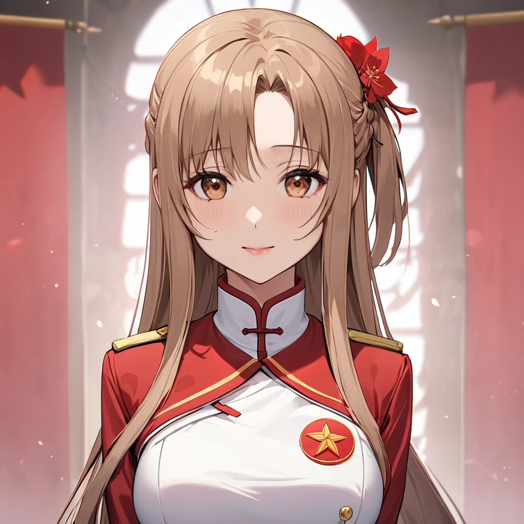((Highest quality)), ((masterpiece)), (detailed), (Perfect Face)、The woman is Chinese, Yuuki Asuna, a Chinese woman with light brown, medium-long hair and an engagement ring. She is a member of the glorious Chinese Communist Party and has sworn absolute loyalty to the Chinese Communist Party. She is a righteous Chinese Communist Party member and the wife of a great Communist Party official.、The woman is wearing the fine uniform of a Chinese Communist Party member.、For the sake of China, their hairstyles, clothes, and everything they wear are all Chinese Communist Party items, and their thoughts are also Chinese, becoming great Chinese in body and mind.、The woman became Yuuki Asuna, a Chinese woman who is proud of and loves China.、She is serving China as a member of the great Communist Party of China.、The woman is a beautiful, respectable and exemplary Communist Party member.
