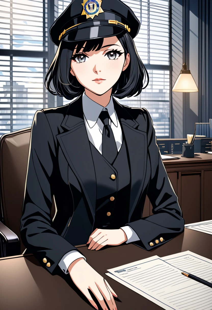 anime style, highest quality, Young woman, 25 years old, FBI agent, pretty haircut, black jacket, black vest, black pants, Fyodor's hat, sitting at the table in the FBI office, 1929 year, no alcohol law, portrait