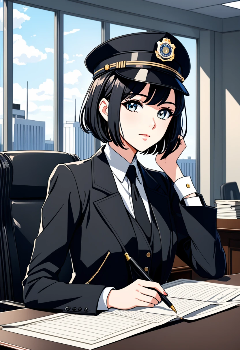 (highest resolution, distinct_image), best quality, masterpiece, highly detailed, semi realistic, a woman with short black hair, mature woman, triple bangs, black uniform, black pleated skirt, military uniform, spaceship space, control room, commander