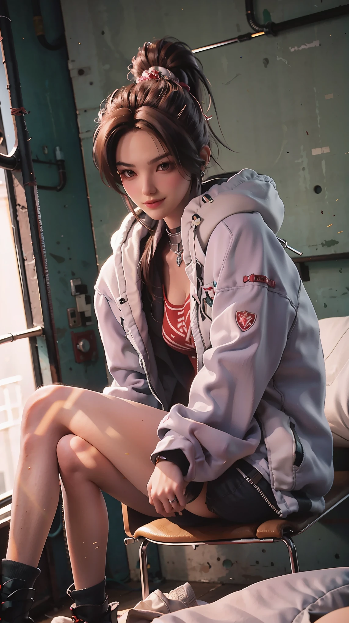 masterpiece, best quality, tthl, 1 Girl, 16 years old, Solitary, Long hair:1.2, Hair accessories, Jewelry, Alternative clothing, bracelet, ear rings, bracelet,Charming smile,Cross your legs, Sitting on the bed, indoors, From below