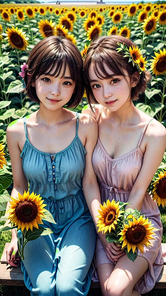  master piece, best quality, for below, cinematic angle, upper body , pigeon toed,  
Anime-style Moe illustration, summer vacation theme, 20-year-old 4womans holding a bouquet of sunflowers, short hair, 
Picnic Maxi Dress, slightly inner thighs, smile, accurate drawing, Active pose,