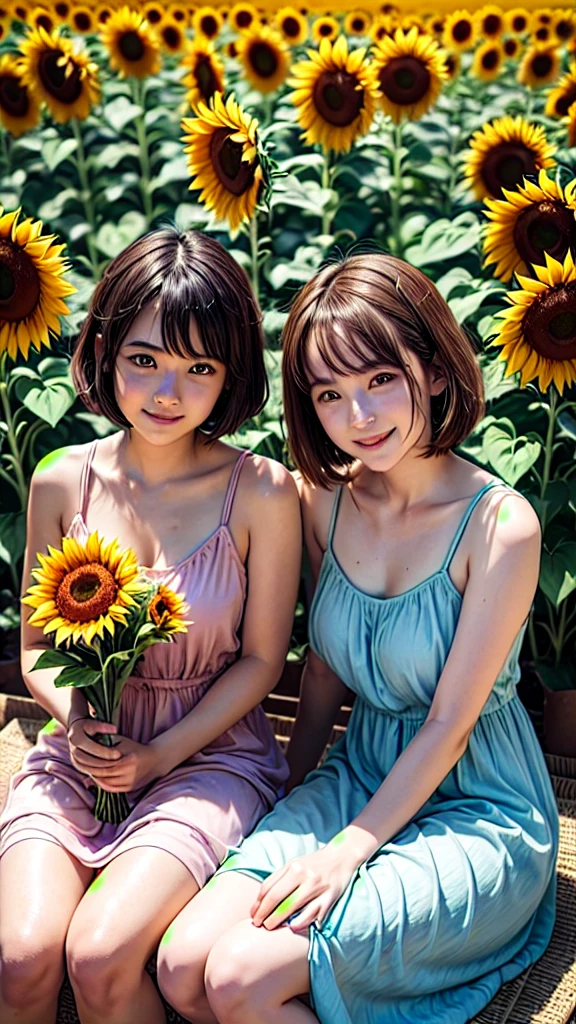  master piece, best quality, for below, cinematic angle, upper body , pigeon toed,  
Anime-style Moe illustration, summer vacation theme, 20-year-old 4womans holding a bouquet of sunflowers, short hair, 
Picnic Maxi Dress, slightly inner thighs, smile, accurate drawing, Active pose,