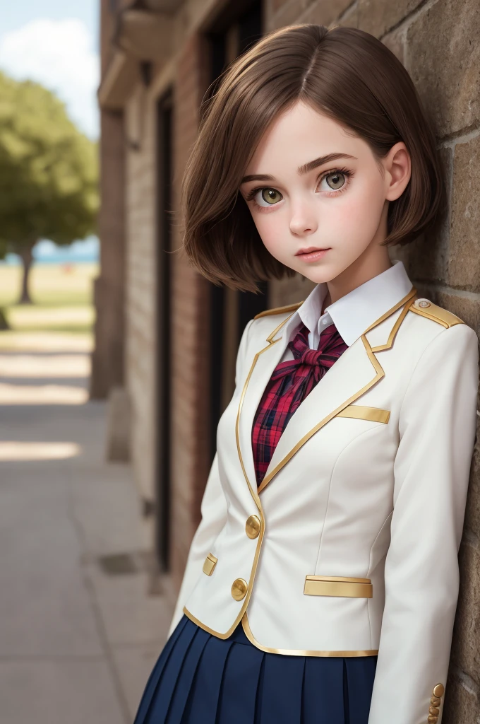 One Girl,(1人のとてもcute女の子:1.3),masterpiece,Highest quality,High resolution,From below,Low - Angle,Photorealistic,RAW Photos,Ray Tracing,Physically Based Rendering,beautiful girl,(15 years old:1.3),cute,Round face,Baby Face,Big eyes,(detailed pupils:1.2),(The face is facing straight ahead:1.3),Body facing forward,Beautiful nose,Upturned nose,Fuller lips,Short black hair,ponytail,short hair,Detailed eyelashes,Thin eyebrows,Very fine grain definition,(Symmetrical eyes,Golden Ratio:1.3),(Face Focus:1.0),Small breasts,Short neck,Navy Blue Blazer,Red checked pleated skirt,School uniforms,coastal,Blue sky,White cloud,School uniforms,Portrait,View Viewer,Upper Body,Cinema Lighting,High resolution,Very detailed