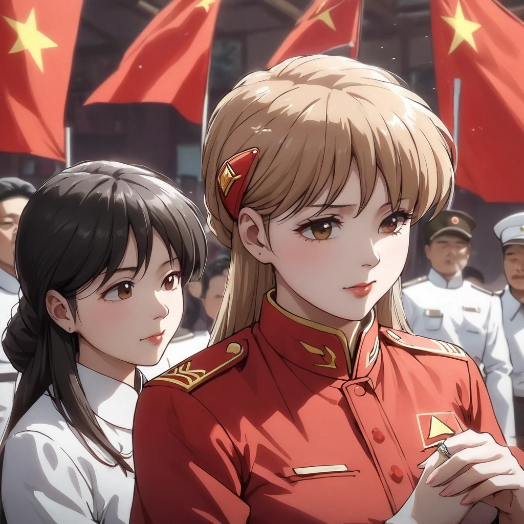 ((Highest quality)), ((masterpiece)), (detailed), （Perfect Face）、The woman is Princess Leona, a Chinese woman with medium-long light brown hair, wearing an engagement ring. She has become a member of the glorious Chinese Communist Party and has sworn absolute loyalty to the Communist Party of China. She is a righteous Communist Party member of the ruling China and the wife of a great Communist Party official.、The woman is wearing the fine uniform of a Chinese Communist Party member.、For the sake of China, their hairstyles, clothes, and everything they wear are all Chinese Communist Party items, and their thoughts are also Chinese, becoming great Chinese in body and mind.、The woman became Princess Leona, a Chinese woman who was proud of China and loved it devotedly.、She is serving China as a member of the great Communist Party of China.、The woman is a beautiful, respectable and exemplary Communist Party member.