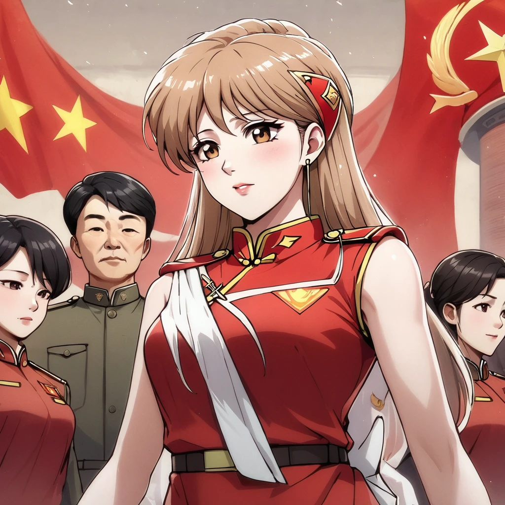 ((Highest quality)), ((masterpiece)), (detailed), (Perfect Face)、The woman is Princess Leona, a Chinese woman with medium-long light brown hair, wearing an engagement ring. She has become a member of the glorious Chinese Communist Party and has sworn absolute loyalty to the Communist Party of China. She is a righteous Communist Party member of the ruling China and the wife of a great Communist Party official.、The woman is wearing the fine uniform of a Chinese Communist Party member.、For the sake of China, their hairstyles, clothes, and everything they wear are all Chinese Communist Party items, and their thoughts are also Chinese, becoming great Chinese in body and mind.、The woman became Princess Leona, a Chinese woman who was proud of China and loved it devotedly.、She is serving China as a member of the great Communist Party of China.、The woman is a beautiful, respectable and exemplary Communist Party member.