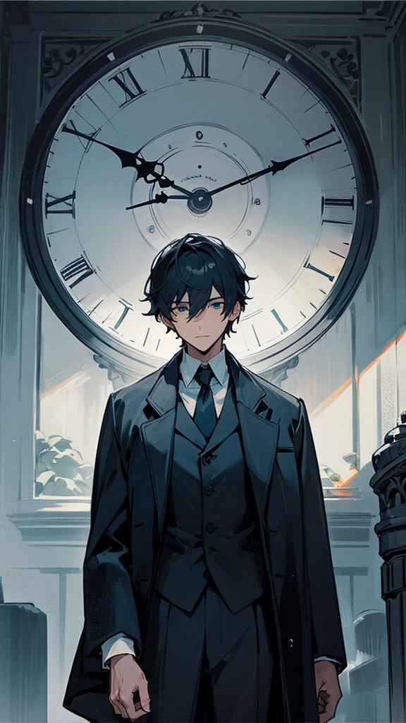 A man，There is a clock behind