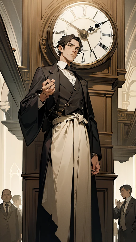 A man,There is a clock behind