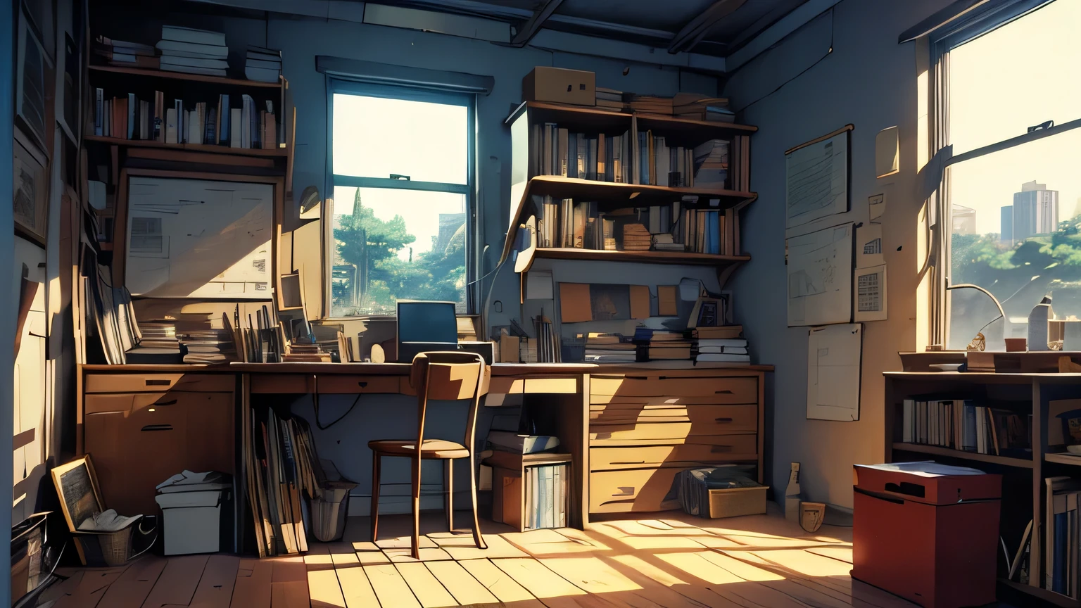 photo of a quiet room that is comfortable, cozy room, deserted, A desk, a bed, a bookshelf, and a chair in a comfortable room, Books on the desk, traces of study on the desk, Walls and floors are not messy, The sun is setting outside the window, 80’s anime, PC 9800, art by Kohei Horikoshi, rough-edged 2d animation,Highly detailed.