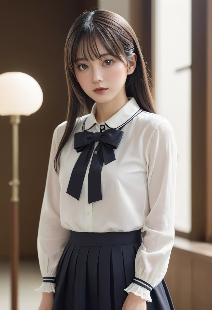(masterpiece), (最high quality), (Very detailedな), (Best Shadow), (photoRealistic:1.4), Frilled blouse, skirt, white ankle socks, (((((A long shot of a woman walking slowly))))), high quality, masterpiece, Very detailedな, High resolution, 4K, 超High resolution, Detailed Shadows, Ultra-realistic, Dramatic lighting, One Girl, alone, Detailed face, Realistic eyes, Realistic Skin, Dynamic Hair, Dynamic pose, Dynamic Angle, White floral dress, White Background, Urzan-6500-v1.1, (RAW Photos:1.2), ( Realistic:1.4), Beautiful detailed girl, Very detailed eyes and face, Beautiful attention to detail, Ridiculous, incredibly Ridiculous, Large file size, Very detailedな, High resolution, Very detailed, 最high quality, (Bright interior), (Soft Light), (Low contrast), (Shallow depth of field), (portrait of a beautiful woman illuminated by gentle light), (Very delicate and elegant depiction), (Short bangs), (Hair color is dark chestnut with a slight brown tinge), (Hair with subtle and gentle waves), (Small, intricate braids on the side of long hair), (Decorated with thin ribbons), ( White blouse with small frills), (bow tie), (青いロングskirt), (White short ankle socks), shape, Very detailed, CG, Unified, 8k wallpaper, wonderful, Finer details, 最high quality, Very detailed CG Unified 8k wallpaper, Face Light, Cinema Lighting, One Girl, 16 years old,
