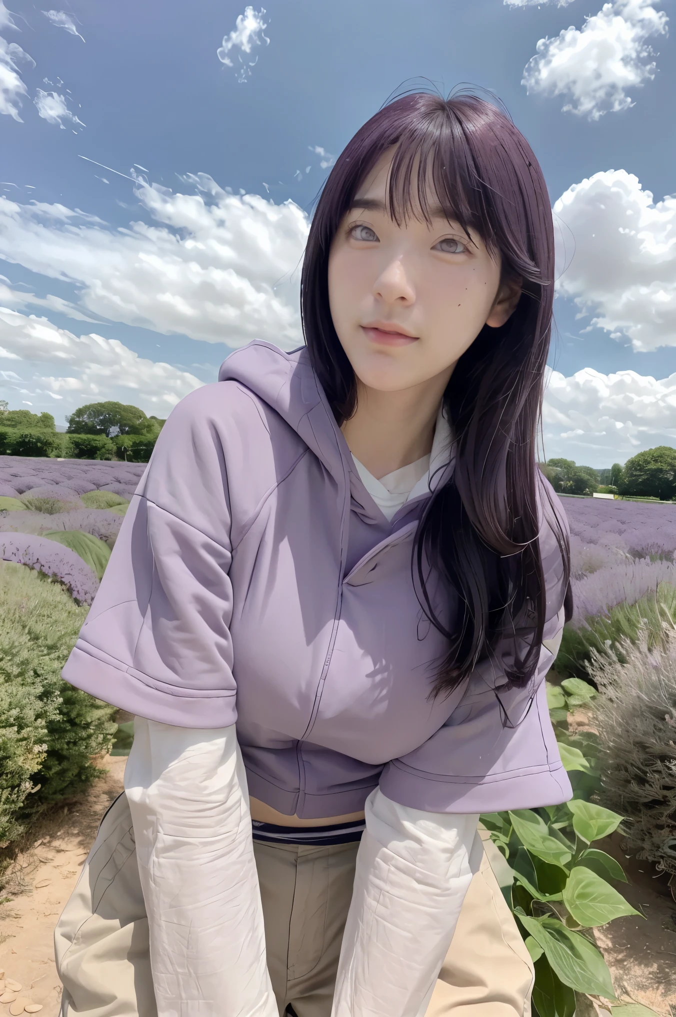 masterpiece, absurdres, hinata\(boruto\), 1girl, solo,mature female, purple hoodie,layered sleeves, brown pants,  outdoors,lavender flower field, looking at viewer, (falling petals), cloudy sky, perfect composition, detailed lips, big breast, beautiful face, body propotion, blush, (pink lips), long hair,  purple eyes,  soft gaze, sad smile,  super realistic, detailed, photoshoot, realistic face and body,  realistic hair, realistic eyes, realistic nose, realistic lips