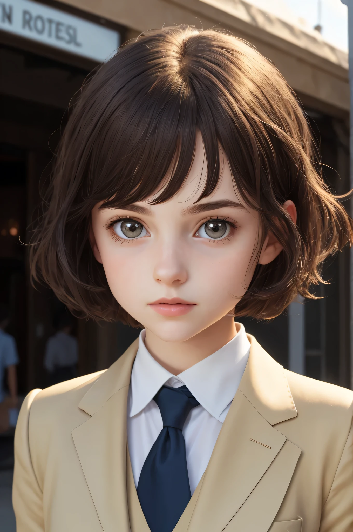 One Girl,(1人のとてもcute女の子:1.3),masterpiece,Highest quality,High resolution,From below,Low - Angle,Photorealistic,RAW Photos,Ray Tracing,Physically Based Rendering,beautiful girl,(:1.3),cute,Round face,Baby Face,Big eyes,(detailed pupils:1.2),(The face is facing straight ahead:1.3),Body facing forward,Beautiful nose,Upturned nose,Fuller lips,Short black hair,ponytail,short hair,Detailed eyelashes,Thin eyebrows,Very fine grain definition,(Symmetrical eyes,Golden Ratio:1.3),(Face Focus:1.0),Small breasts,Short neck,Navy Blue Blazer,Red checked pleated skirt,School uniforms,coastal,Blue sky,White cloud,School uniforms,Portrait,View Viewer,Upper Body,Cinema Lighting,High resolution,Very detailed