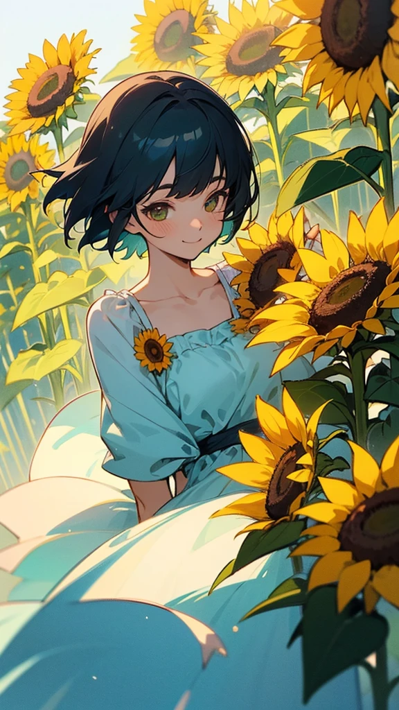 master piece, best quality, for below, cinematic angle, upper body , pigeon toed,
Anime-style Moe illustration, summer vacation theme, 20-year-old 4womans holding a bouquet of sunflowers, short hair,
Picnic Maxi Dress, slightly inner thighs, smile, accurate drawing, Active pose,