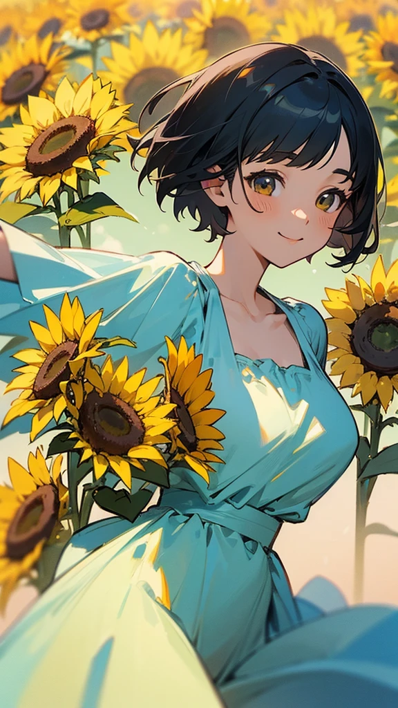  master piece, best quality, for below, cinematic angle, upper body , pigeon toed,  
Anime-style Moe illustration, summer vacation theme, 20-year-old 4womans holding a bouquet of sunflowers, short hair, 
Picnic Maxi Dress, slightly inner thighs, smile, accurate drawing, Active pose,