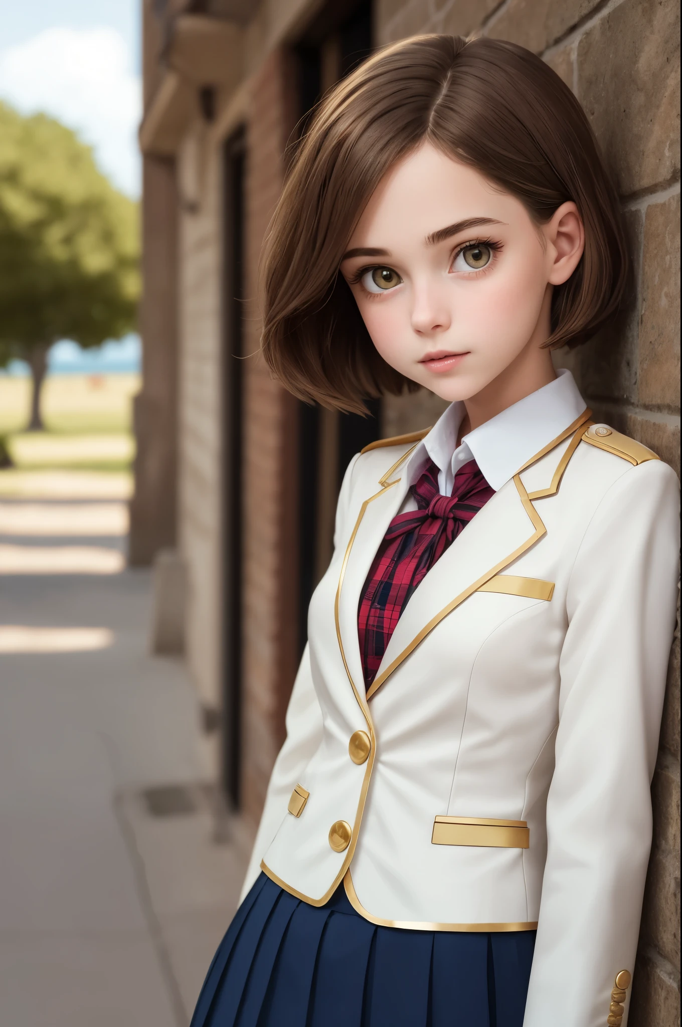 One Girl，(1人のとてもcute女の子:1.3)，masterpiece，Highest quality，High resolution，From below，Low - Angle，Photorealistic，RAW Photos，Ray Tracing，Physically Based Rendering，beautiful girl，(15 years old:1.3)，cute，Round face，Baby Face，Big eyes，(detailed pupils:1.2)，(The face is facing straight ahead:1.3)，Body facing forward，Beautiful nose，Upturned nose，Fuller lips，Short black hair，ponytail，short hair，Detailed eyelashes，Thin eyebrows，Very fine grain definition，(Symmetrical eyes，Golden Ratio:1.3)，(Face Focus:1.0)，Small breasts，Short neck，Navy Blue Blazer，Red checked pleated skirt，School uniforms，coastal，Blue sky，White cloud，School uniforms，Portrait，View Viewer，Upper Body，Cinema Lighting，High resolution，Very detailed