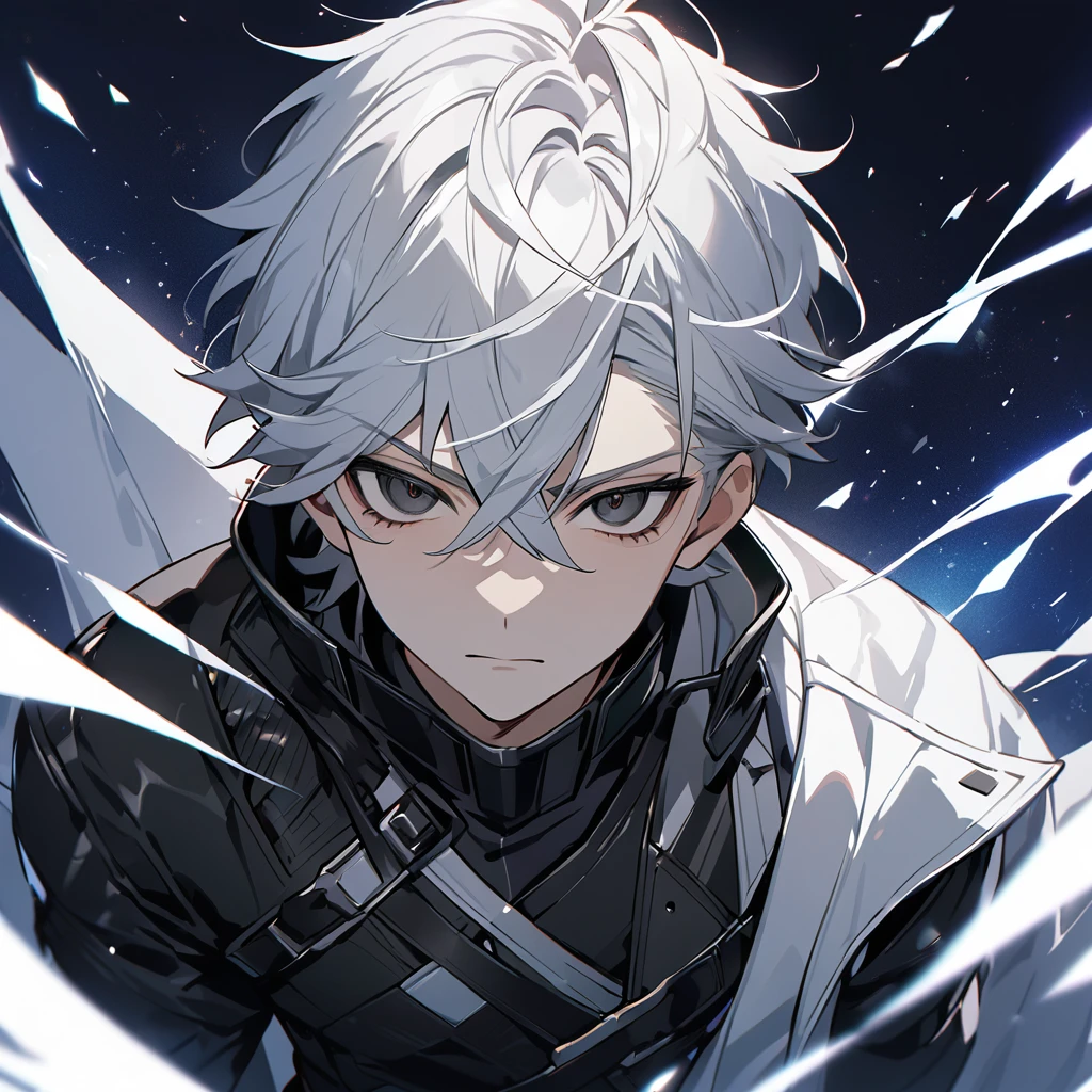 High quality, HD, 4k, no shadows, handsome male, 1male, , teenager, shwhite hair, silver hair, white hair, sharp eyes, dark black colored eyes, deep black eyes, black eyes, devil may cry, close up, calm expression, stoic expression, black leather clothes, white leather clothing, lean body, well trained body, upper body, looking at viewer, cowboy shot, white solar, space background