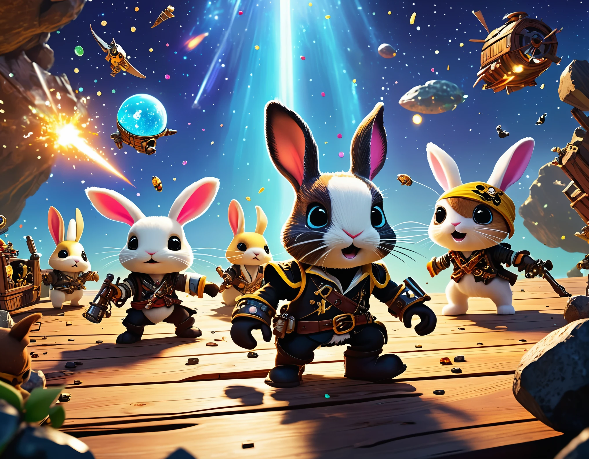 A lively battle between two adorable pirate factions, each riding on their tiny, makeshift spaceships made from scrap parts and wooden planks. The pirates, who are a mix of cute, cartoonish animals like bunnies and kittens, wield miniature blasters and plushy cutlasses. They dart around an asteroid belt, using the floating rocks as cover, while the starry expanse of the galaxy glows brightly in the background. The scene is filled with playful chaos, as the pirates shout cartoonish battle cries and launch glittering confetti bombs at each other.

