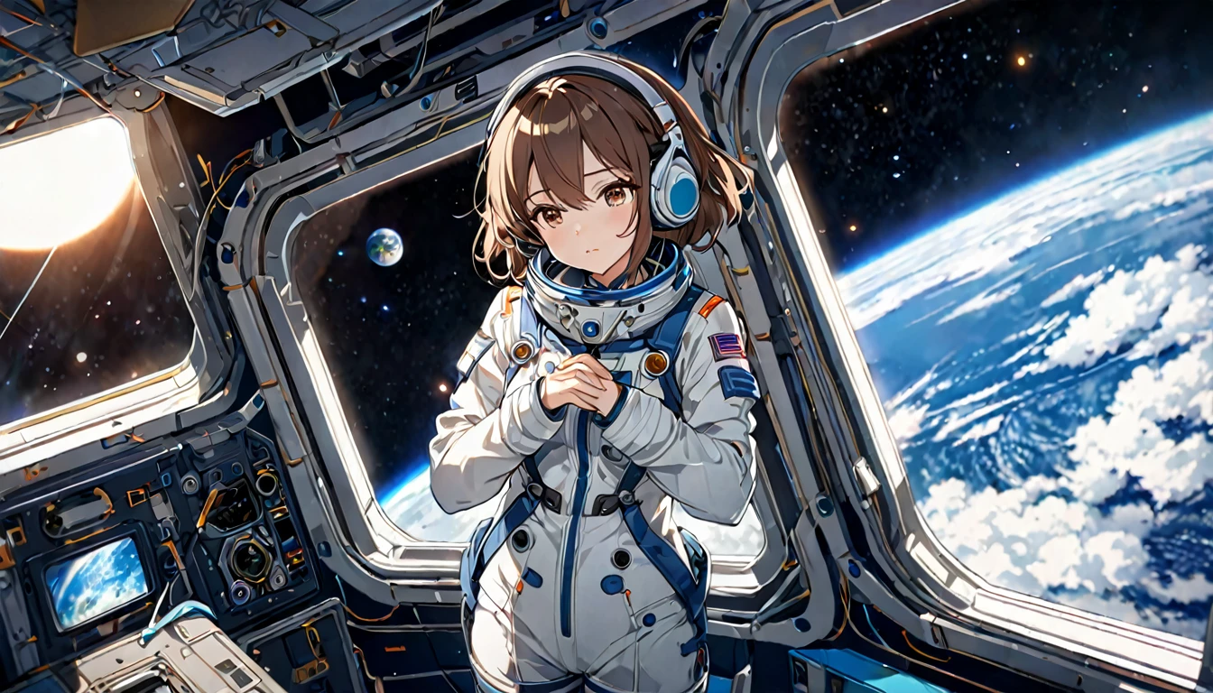 Brown-haired girl wearing headphones、Scene background of the Earth looking down from the space station window:Space station interior and earth view:Costume of a person gazing at the Earth with an emotional expression:Futuristic space suit pose:Standing by the window、Scenery looking down on the Earth:A quiet space station and a beautiful view of the Earth
(Detailed fingers), (Emotional), (Breathtakingly beautiful), (main part:1.2 Whole body), (Anime Style), (Very detailed), (超High resolution, High resolution), (8k), (Complex and beautiful: 1.2)